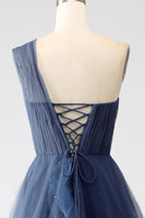 Laden Sie das Bild in den Galerie-Viewer, A-Linie Eine Schulter Tüll Ballkleid Dunkelgrünes