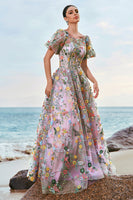 Laden Sie das Bild in den Galerie-Viewer, Mauve Prinzessin Langes besticktes Ballkleid mit kurzen Ärmeln