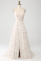 Laden Sie das Bild in den Galerie-Viewer, ZAPAKA Damen Aprikose Hochzeitskleid mit Schlitz A-Linie Spaghettiträger Brautkleid mit Applikationen