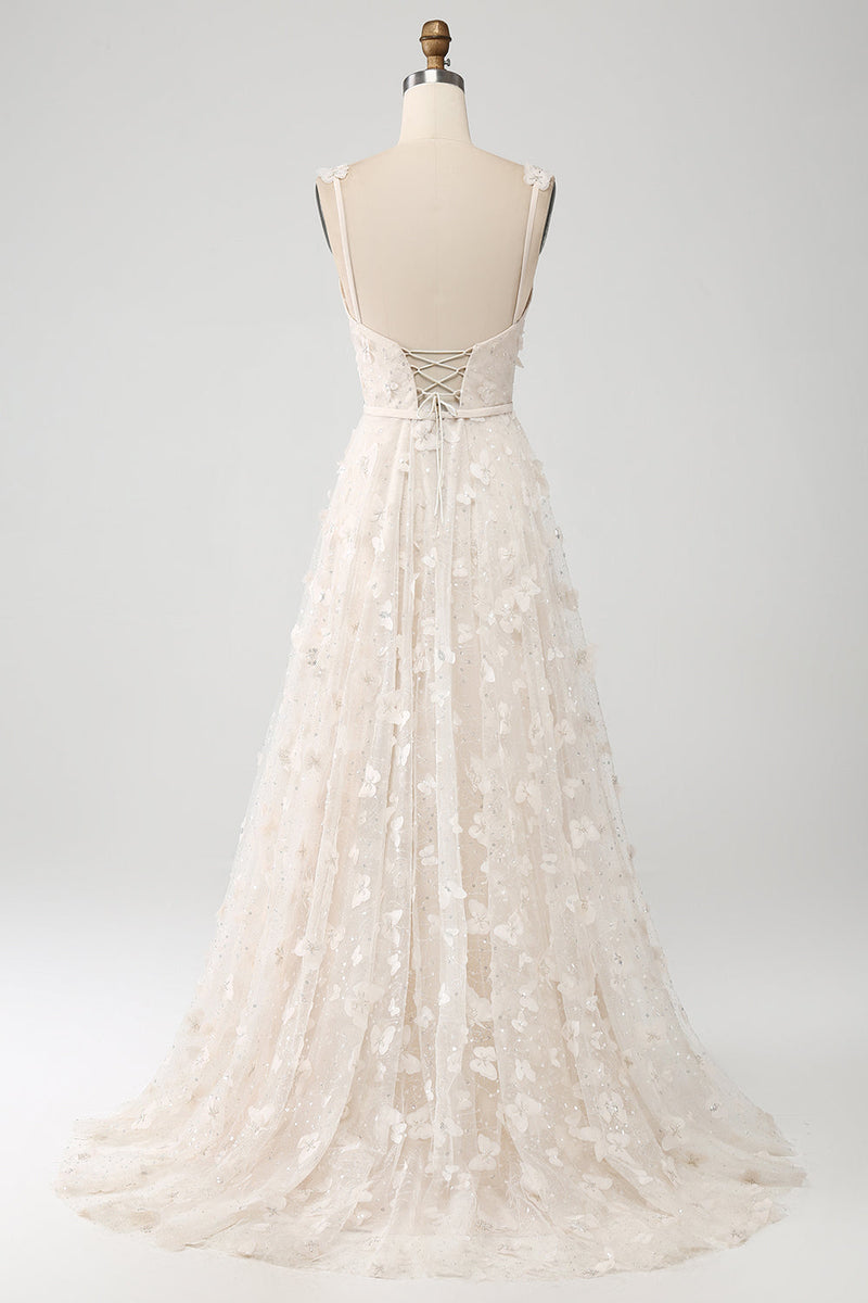 Laden Sie das Bild in den Galerie-Viewer, Aprikose A-Linie Spaghettiträger Applikationen Langes Brautkleid mit Schlitz