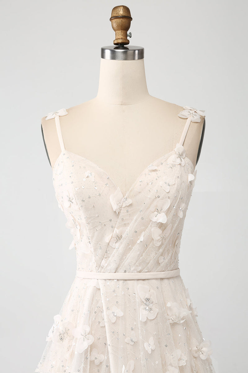 Laden Sie das Bild in den Galerie-Viewer, Aprikose A-Linie Spaghettiträger Applikationen Langes Brautkleid mit Schlitz