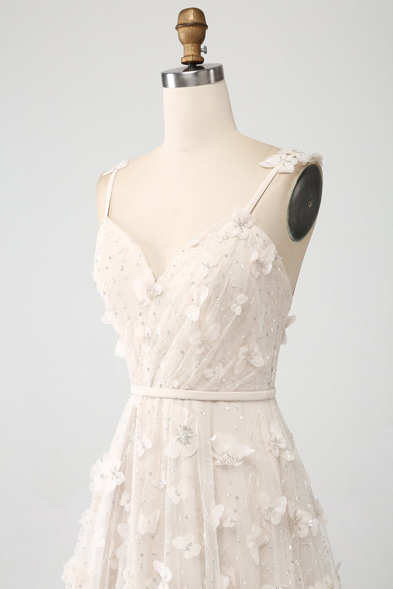 Laden Sie das Bild in den Galerie-Viewer, Aprikose A-Linie Spaghettiträger Applikationen Langes Brautkleid mit Schlitz