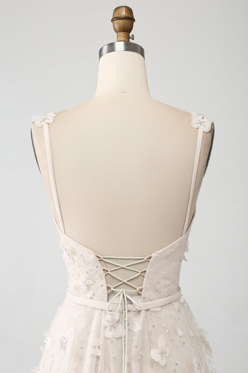 Laden Sie das Bild in den Galerie-Viewer, Aprikose A-Linie Spaghettiträger Applikationen Langes Brautkleid mit Schlitz