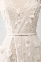 Laden Sie das Bild in den Galerie-Viewer, Aprikose A-Linie Spaghettiträger Applikationen Langes Brautkleid mit Schlitz