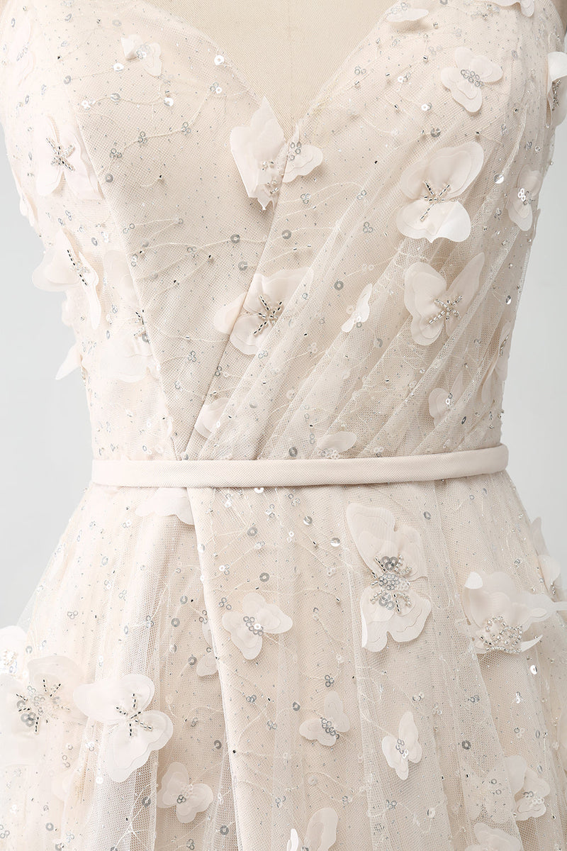 Laden Sie das Bild in den Galerie-Viewer, Aprikose A-Linie Spaghettiträger Applikationen Langes Brautkleid mit Schlitz