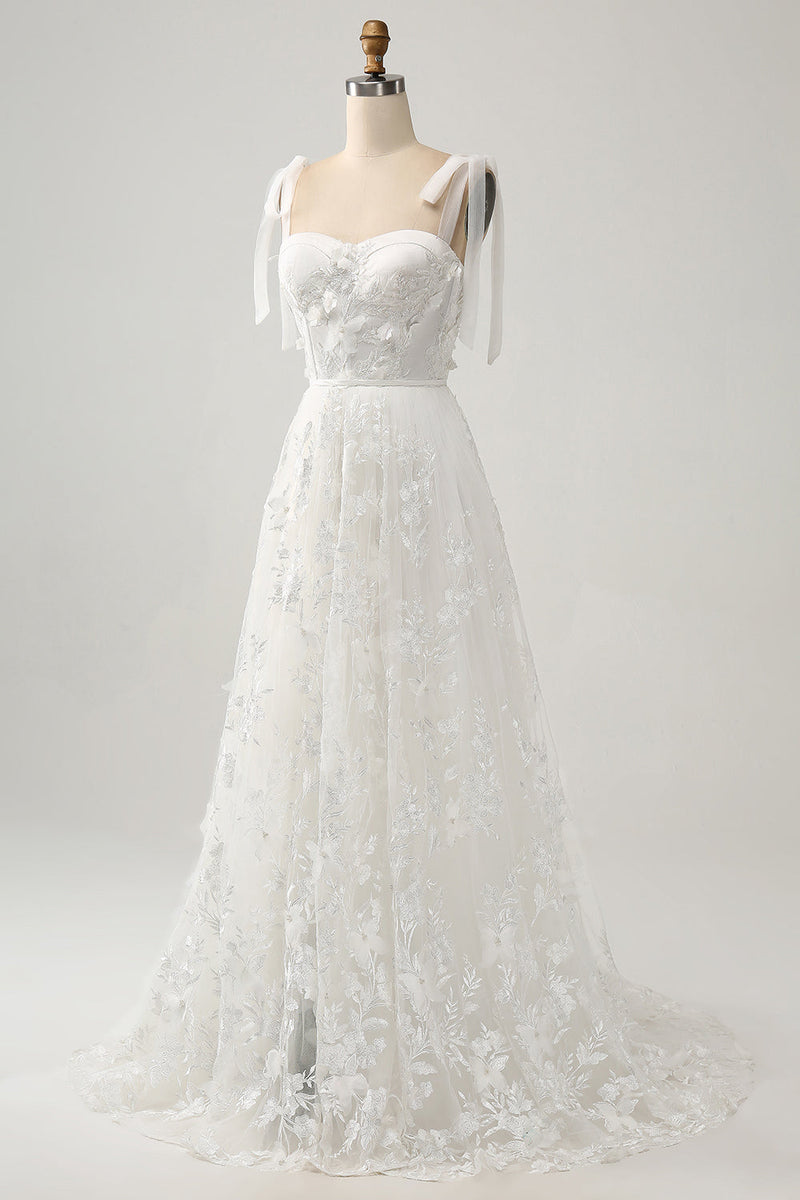 Laden Sie das Bild in den Galerie-Viewer, Elfenbein A-Linie Spaghettiträger Brautkleid mit Applikationen