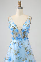 Laden Sie das Bild in den Galerie-Viewer, Wunderschönes Himmelblaues A-Linie Spaghetti-Träger Langes Ballkleid mit 3D-Blumen