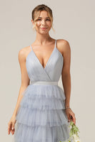 Laden Sie das Bild in den Galerie-Viewer, Graues blaues A-Linie Ballkleid aus Tüll