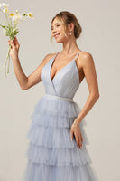 Laden Sie das Bild in den Galerie-Viewer, Graues blaues A-Linie Ballkleid aus Tüll