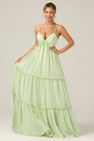 Laden Sie das Bild in den Galerie-Viewer, Grünes langes A-Linie Umstands-Brautjungfernkleid mit Rüschen und Schnürung