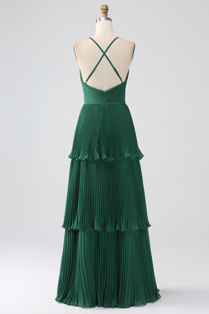 Laden Sie das Bild in den Galerie-Viewer, A-Linie Dunkelgrünes gestuftes Chiffon Brautjungfernkleid mit Plissee