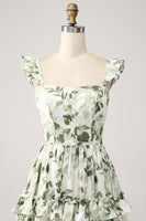 Laden Sie das Bild in den Galerie-Viewer, Grünes gestuftes Ballkleid mit Blumenrüschen und Schlitz