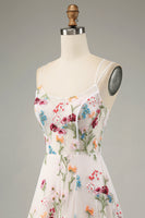 Laden Sie das Bild in den Galerie-Viewer, A-Linie Rundhals Spaghettiträger Korsett Langes Ballkleid mit Schlitz Elfenbein Blume