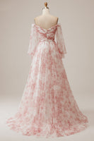 Laden Sie das Bild in den Galerie-Viewer, Elfenbein blume A-Linie schulterfreies plissiertes Brautkleid mit langen Ärmeln