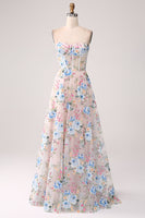 Laden Sie das Bild in den Galerie-Viewer, A-Linie Aprikose Blume Schulterfreies langes Korsett Ballkleid