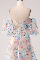 Laden Sie das Bild in den Galerie-Viewer, A-Linie Aprikose Blume Schulterfreies langes Korsett Ballkleid