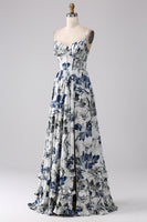 Laden Sie das Bild in den Galerie-Viewer, Plissiertes blaues bedrucktes Korsett Langes Ballkleid mit Schlitz