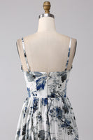 Laden Sie das Bild in den Galerie-Viewer, Plissiertes blaues bedrucktes Korsett Langes Ballkleid mit Schlitz