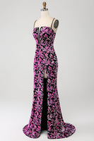 Laden Sie das Bild in den Galerie-Viewer, Funkelndes Mermaid Fuchsia Schwarzes Pailletten Ballkleid mit Schlitz