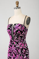 Laden Sie das Bild in den Galerie-Viewer, Funkelndes Mermaid Fuchsia Schwarzes Pailletten Ballkleid mit Schlitz