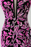 Laden Sie das Bild in den Galerie-Viewer, Funkelndes Mermaid Fuchsia Schwarzes Pailletten Ballkleid mit Schlitz
