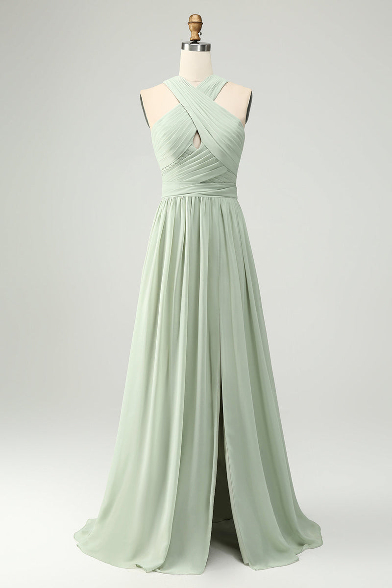 Laden Sie das Bild in den Galerie-Viewer, Dusty Sage A-Linie Chiffon Plissiertes Übergröße Brautjungfernkleid mit Schlitz