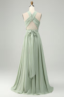 Laden Sie das Bild in den Galerie-Viewer, Dusty Sage A-Linie Chiffon Plissiertes Übergröße Brautjungfernkleid mit Schlitz