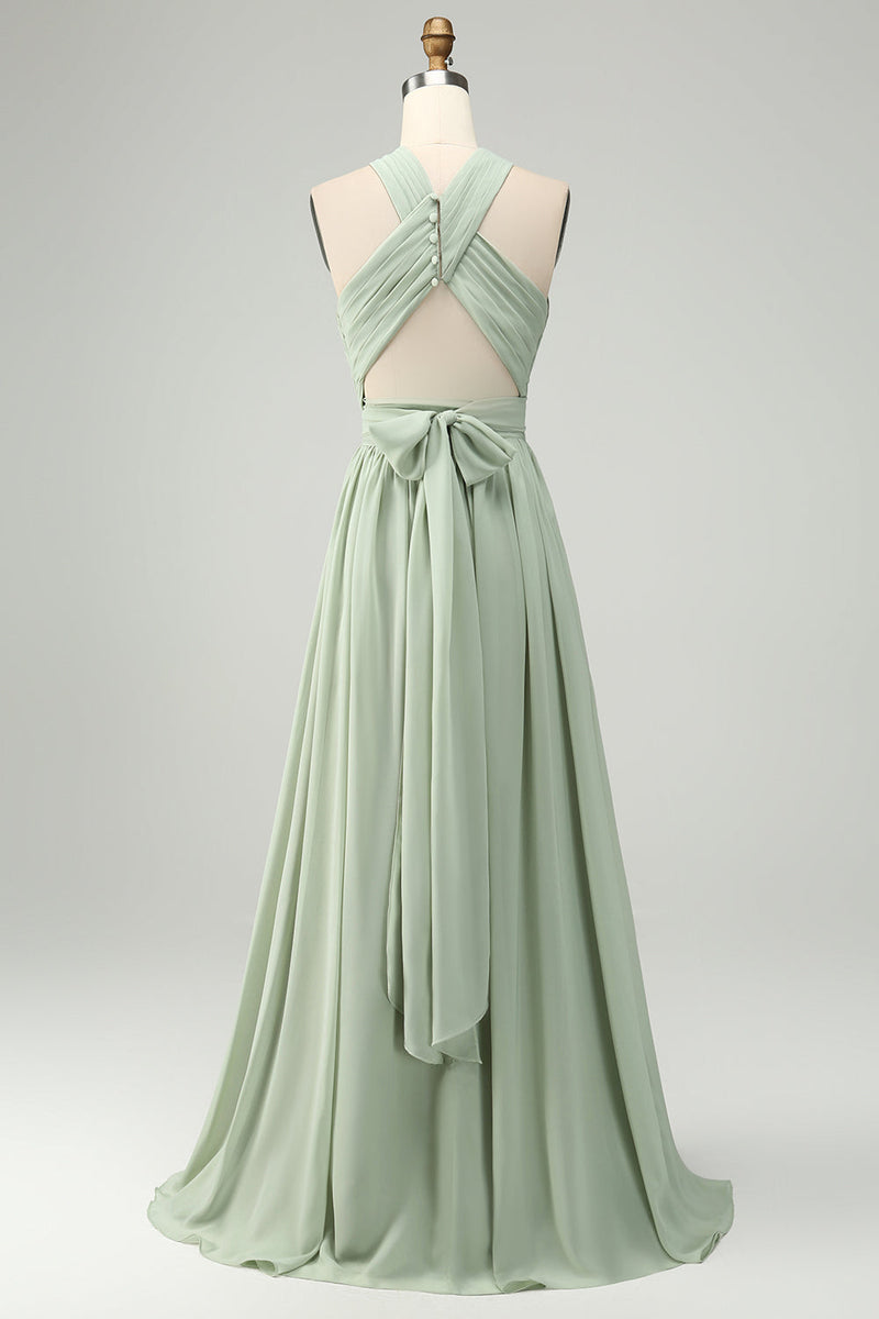 Laden Sie das Bild in den Galerie-Viewer, Dusty Sage A-Linie Chiffon Plissiertes Übergröße Brautjungfernkleid mit Schlitz