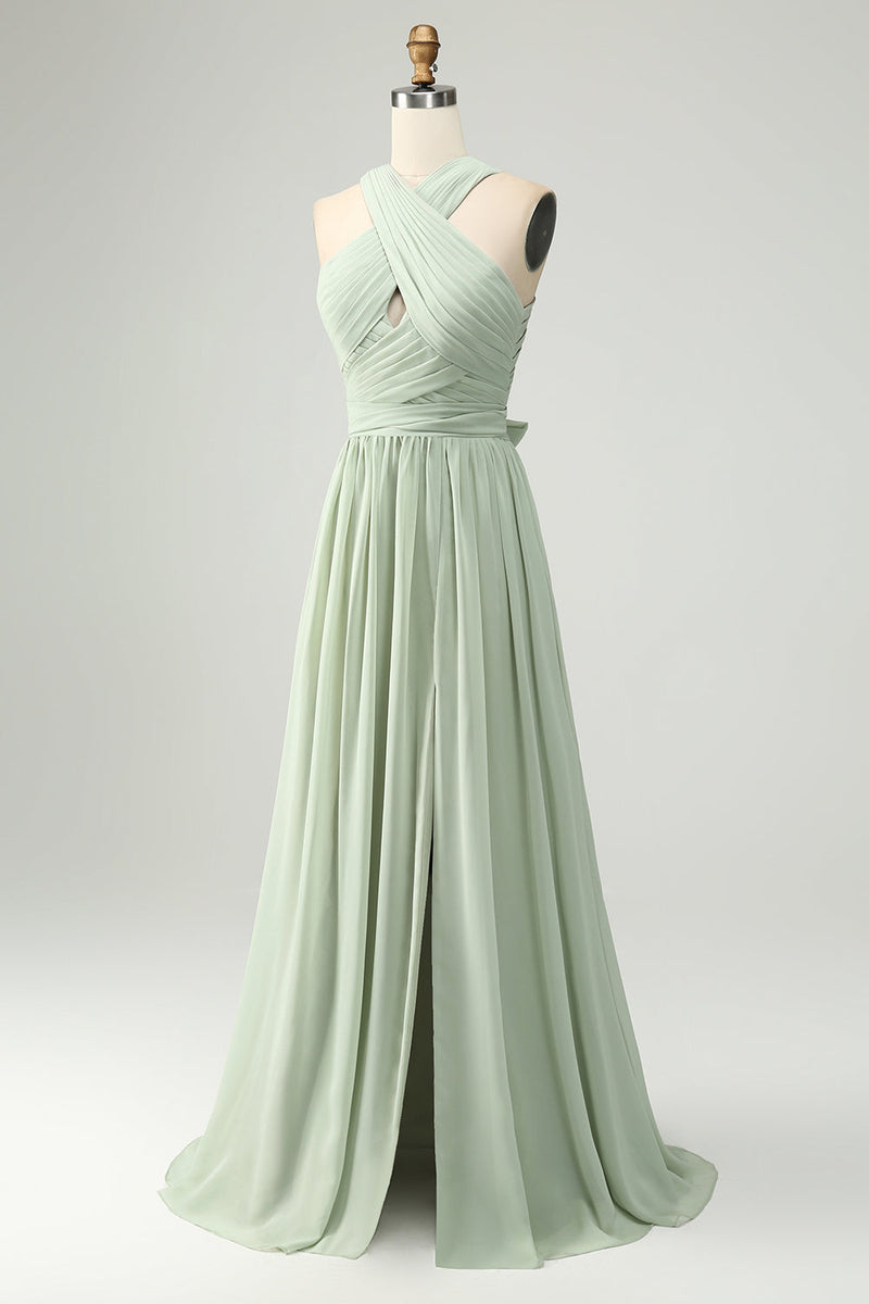 Laden Sie das Bild in den Galerie-Viewer, Dusty Sage A-Linie Chiffon Plissiertes Übergröße Brautjungfernkleid mit Schlitz