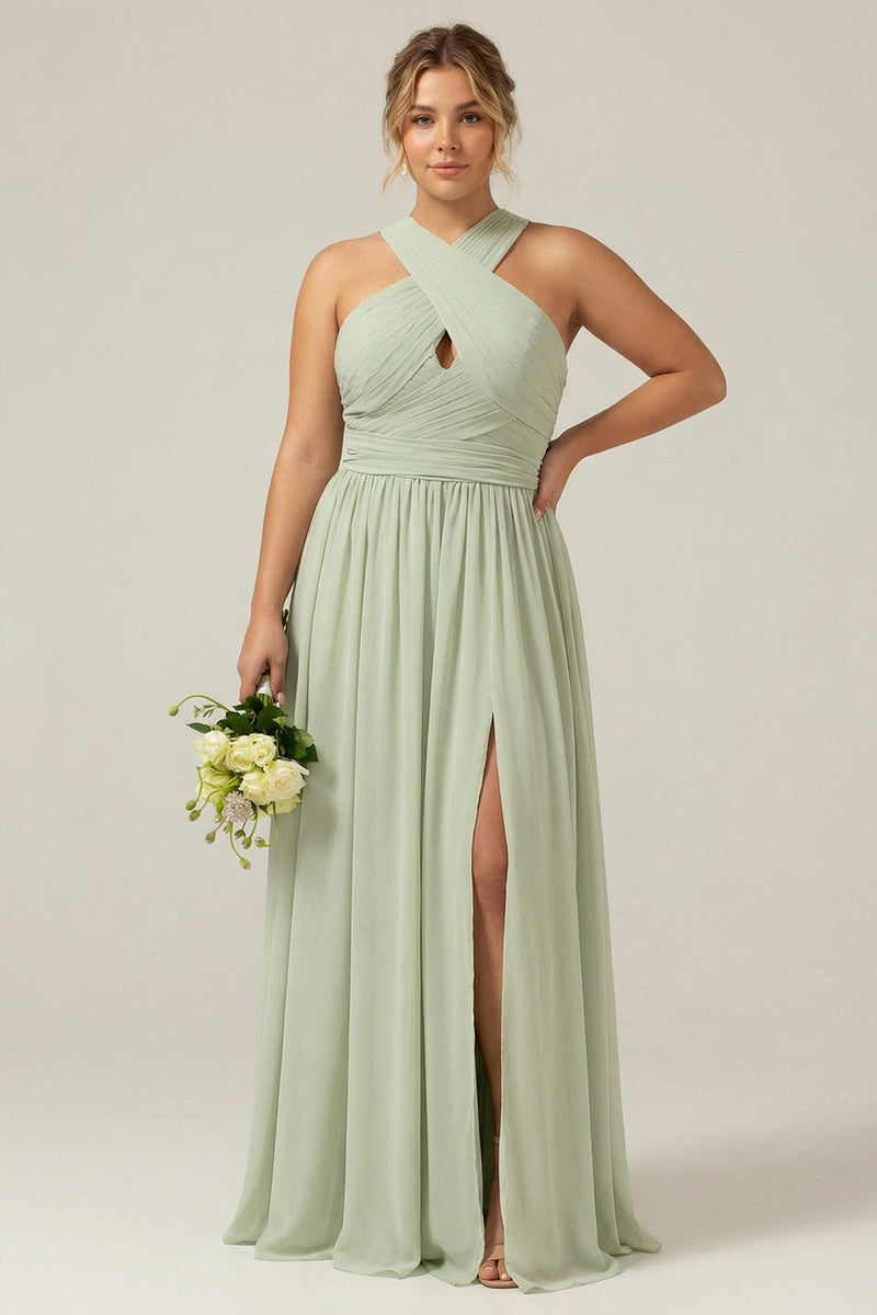 Laden Sie das Bild in den Galerie-Viewer, Dusty Sage A-Linie Chiffon Plissiertes Übergröße Brautjungfernkleid mit Schlitz