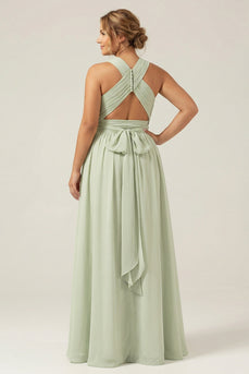 Dusty Sage A-Linie Chiffon Plissiertes Übergröße Brautjungfernkleid mit Schlitz