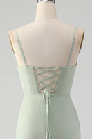 Laden Sie das Bild in den Galerie-Viewer, Matcha A Linie Spaghettiträger Satin Langes Brautjungfernkleid mit Schnürung