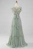 Laden Sie das Bild in den Galerie-Viewer, Matcha V-Ausschnitt A Linie Chiffon Langes Brautjungfernkleid mit Schlitz