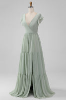 Laden Sie das Bild in den Galerie-Viewer, Matcha V-Ausschnitt A Linie Chiffon Langes Brautjungfernkleid mit Schlitz