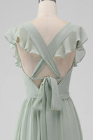 Laden Sie das Bild in den Galerie-Viewer, Matcha V-Ausschnitt A Linie Chiffon Langes Brautjungfernkleid mit Schlitz