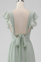 Laden Sie das Bild in den Galerie-Viewer, Matcha V-Ausschnitt A Linie Chiffon Langes Brautjungfernkleid mit Schlitz