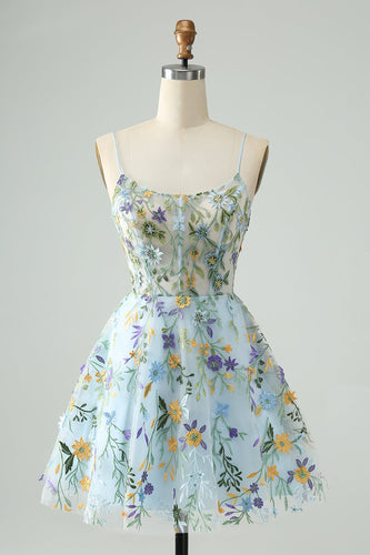Elegantes blaues Blumen-A-Linien-Korsett Kurzes Homecoming-Kleid mit Stickerei