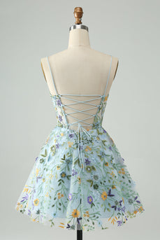 Elegantes blaues Blumen-A-Linien-Korsett Kurzes Homecoming-Kleid mit Stickerei