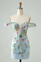 Laden Sie das Bild in den Galerie-Viewer, Blaue Blume Bodycon Spaghettiträger Besticktes kurzes Abiballkleid