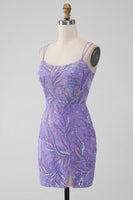 Laden Sie das Bild in den Galerie-Viewer, Glitzerndes lila Bodycon Pailletten Applikationen Kurzes Cocktailkleid mit Schlitz
