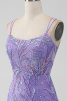 Laden Sie das Bild in den Galerie-Viewer, Glitzerndes lila Bodycon Pailletten Applikationen Kurzes Cocktailkleid mit Schlitz
