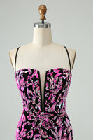 Laden Sie das Bild in den Galerie-Viewer, Glitzerndes Fuchsia Bodycon Spaghettiträger Pailletten Kurzes Abiballkleid
