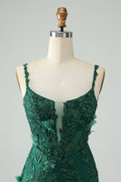 Laden Sie das Bild in den Galerie-Viewer, Dunkelgrünes figurbetontes Spaghettiträger Kurzes Cocktailkleid mit Applikationen