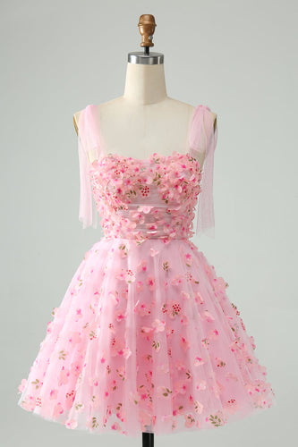 Süßes rosa A-Linie Spaghettiträger Kurzes Homecoming-Kleid mit 3D-Blumen