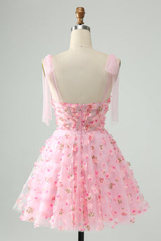 Süßes rosa A-Linie Spaghettiträger Kurzes Homecoming-Kleid mit 3D-Blumen