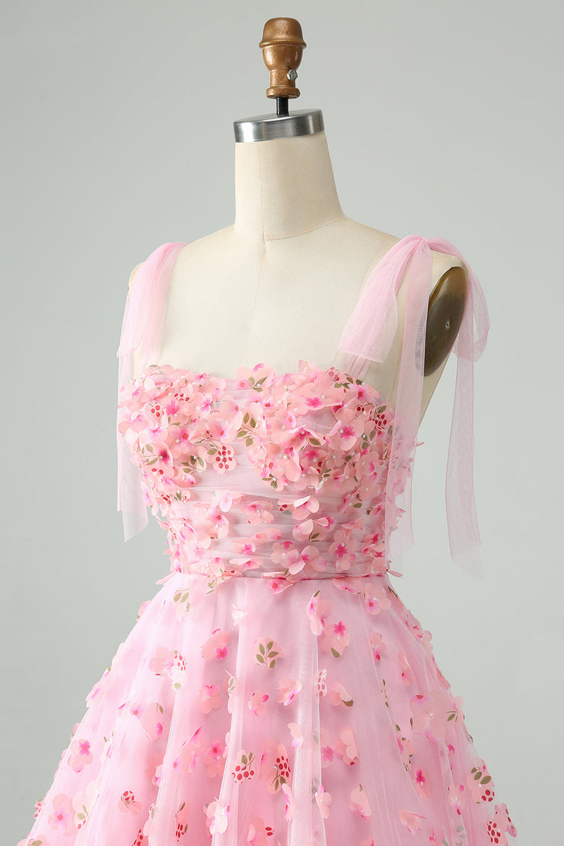 Laden Sie das Bild in den Galerie-Viewer, Süßes rosa A-Linie Spaghettiträger Kurzes Abiballkleid mit 3D-Blumen