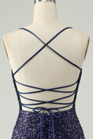 Laden Sie das Bild in den Galerie-Viewer, Glitzerndes marineblaues Pailletten Enges kurzes Abiballkleid mit Fransen