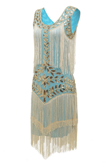 Dunkelgrünes Gatsby Kleid aus den 1920er Jahren mit Pailletten und Fransen