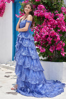 Laden Sie das Bild in den Galerie-Viewer, Schulterfreies lila Korsett Ballkleid mit Schlitz