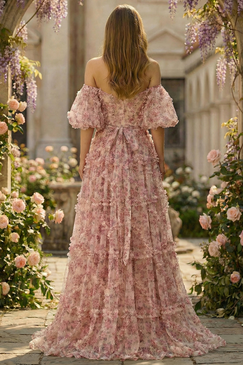 Laden Sie das Bild in den Galerie-Viewer, Elfenbeinrote Blume Schulterfreies Ballkleid